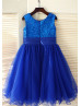 Royal Blue Sequin Tulle Curly Hem Knee Length Flower Girl Dress